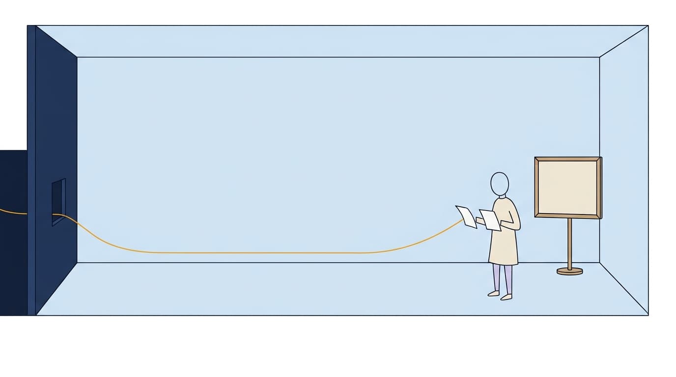 What the market sees: an almost empty pale room where one buyer holds two thin sheets beside a single framed board on a stand. The thread enters through the hatch on the left and reaches the buyer.