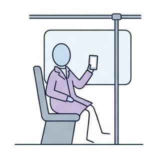 Seated on a train, reading a post on a phone.