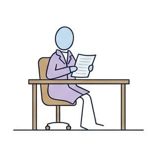 At a desk, reading a printed note.