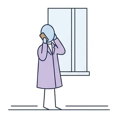 Standing at a window, on a call.