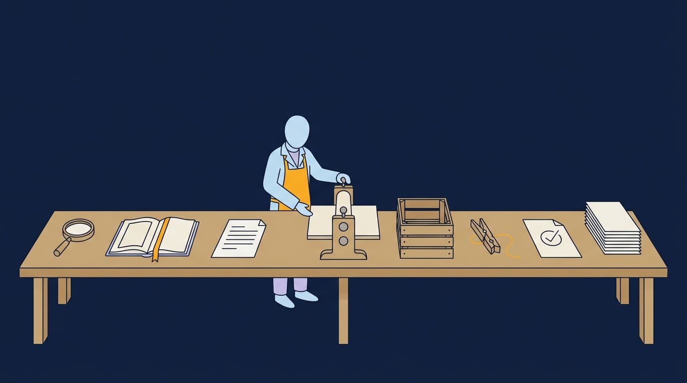 A long work bench with eight tools laid out in a row: a magnifying glass, an open ledger, a written sheet, a paper press, a crate, a peg on a short thread, a ticked sheet and a stack of paper. One operator stands behind the bench reaching for the press.