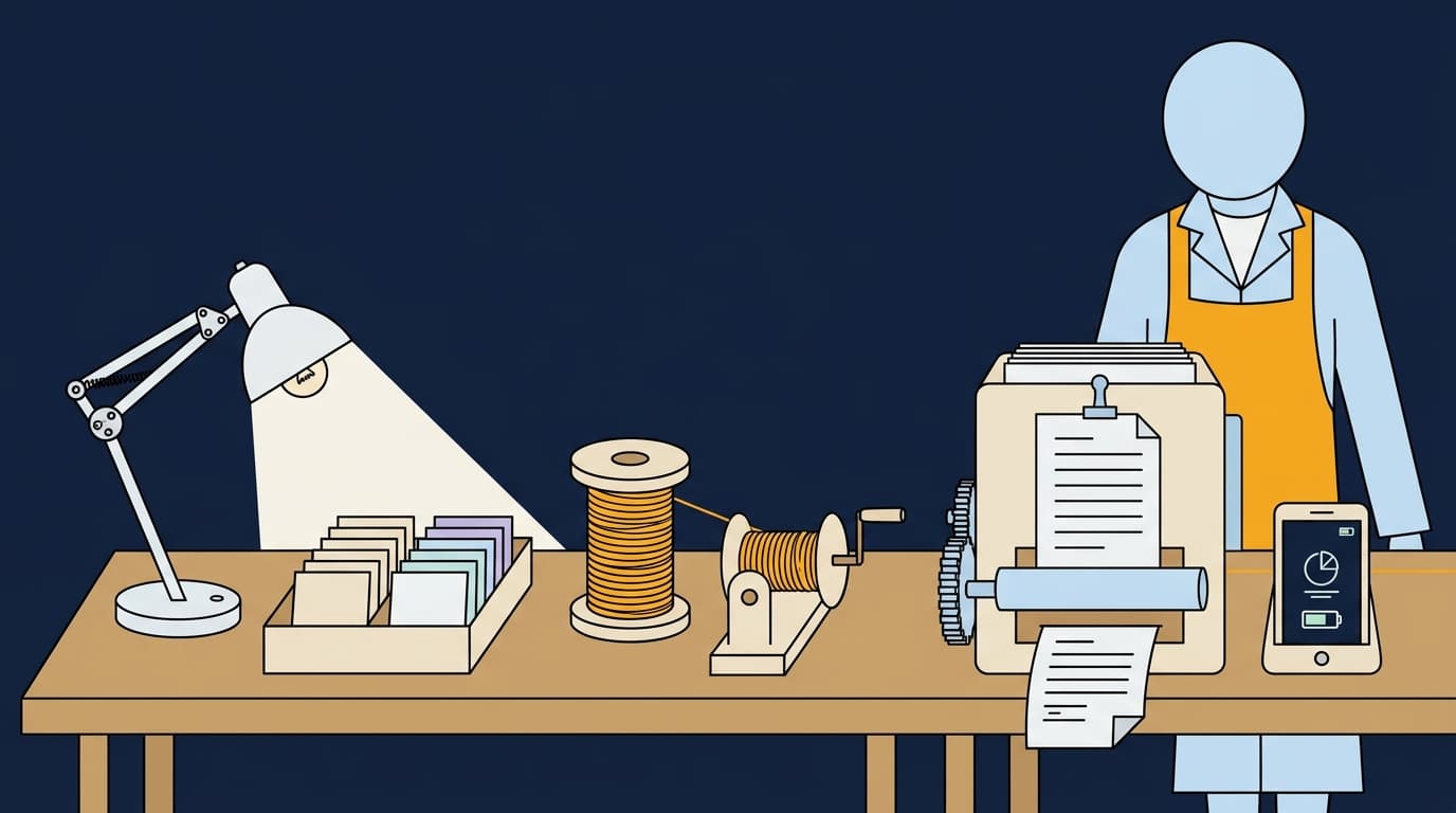 Stations one to three: a lamp over sorted note cards, a spool being wound on a hand winder, and a press with a written sheet, a small screen and a stapled document coming out of it, with the operator behind it.