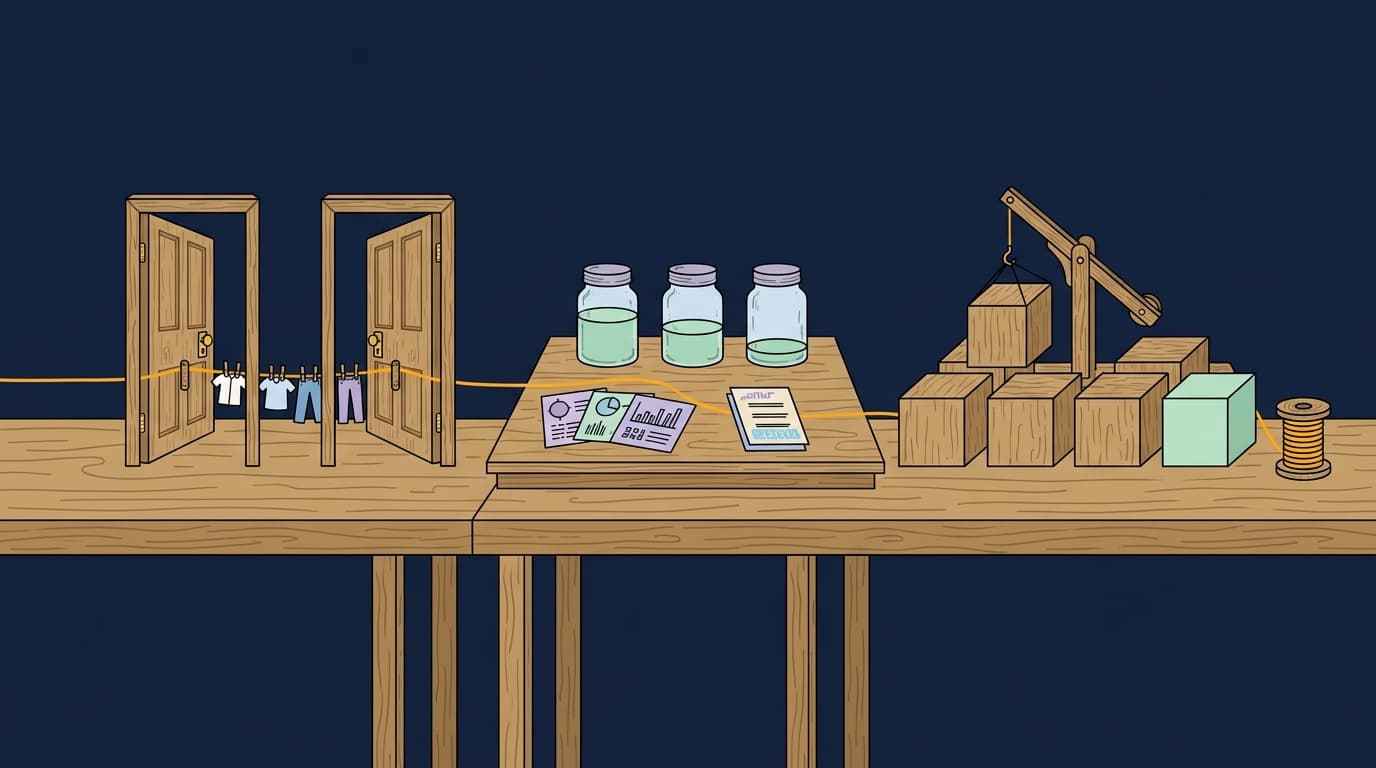 Stations four to six: two doorways with a pegged line running in, a reading desk with three measuring jars and signal cards, and a low bench where one block is lifted out and a mint block waits.